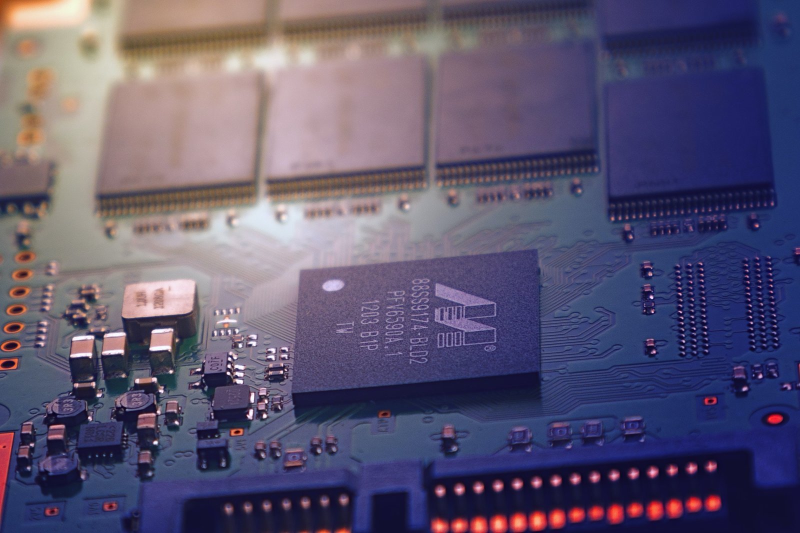 Close-up of a circuit board with a microcontroller